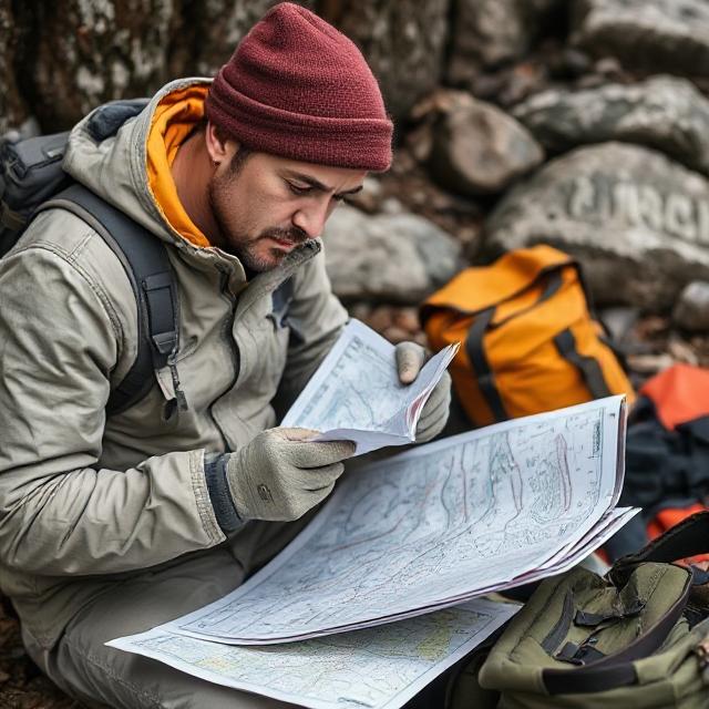 Person studying maps and packing equipment
